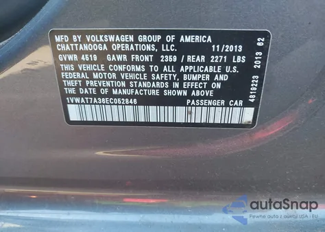 2014 Volkswagen Passat 1.8T S из США, поврежденный, VIN 1VWAT7A36EC052846